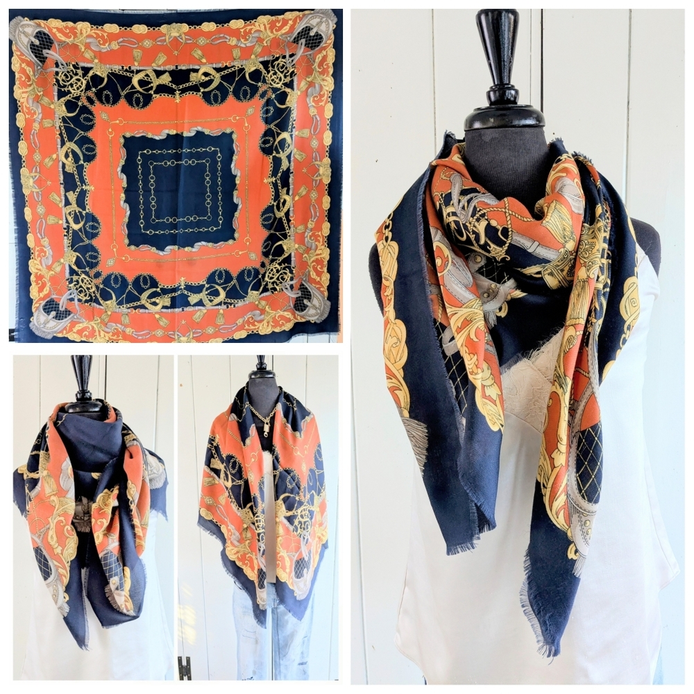 Vintage Equestrian Bit & Saddle Bag Oversized Square Scarf/Wrap